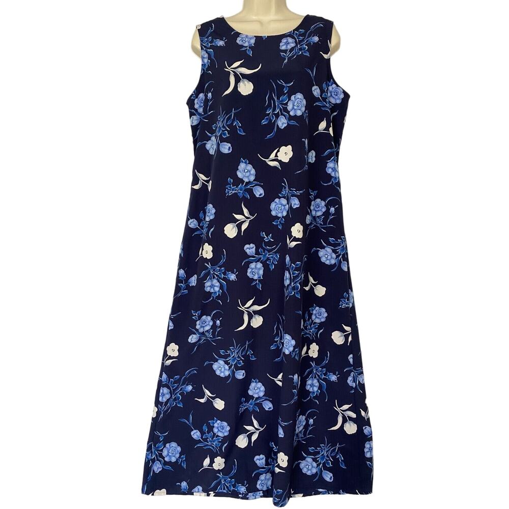 Vintage 90s Kathie Lee Maxi Dress Womens 12 Blue Floral Tie Back Cottagecore Y2K